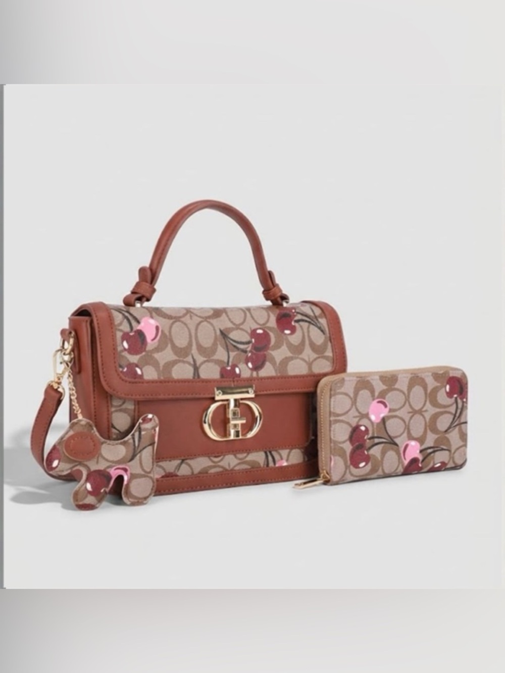 NWT Brown/Tan Cherry Monogram Handbag w/Crossbody Strap and Wallet & Dog Charm